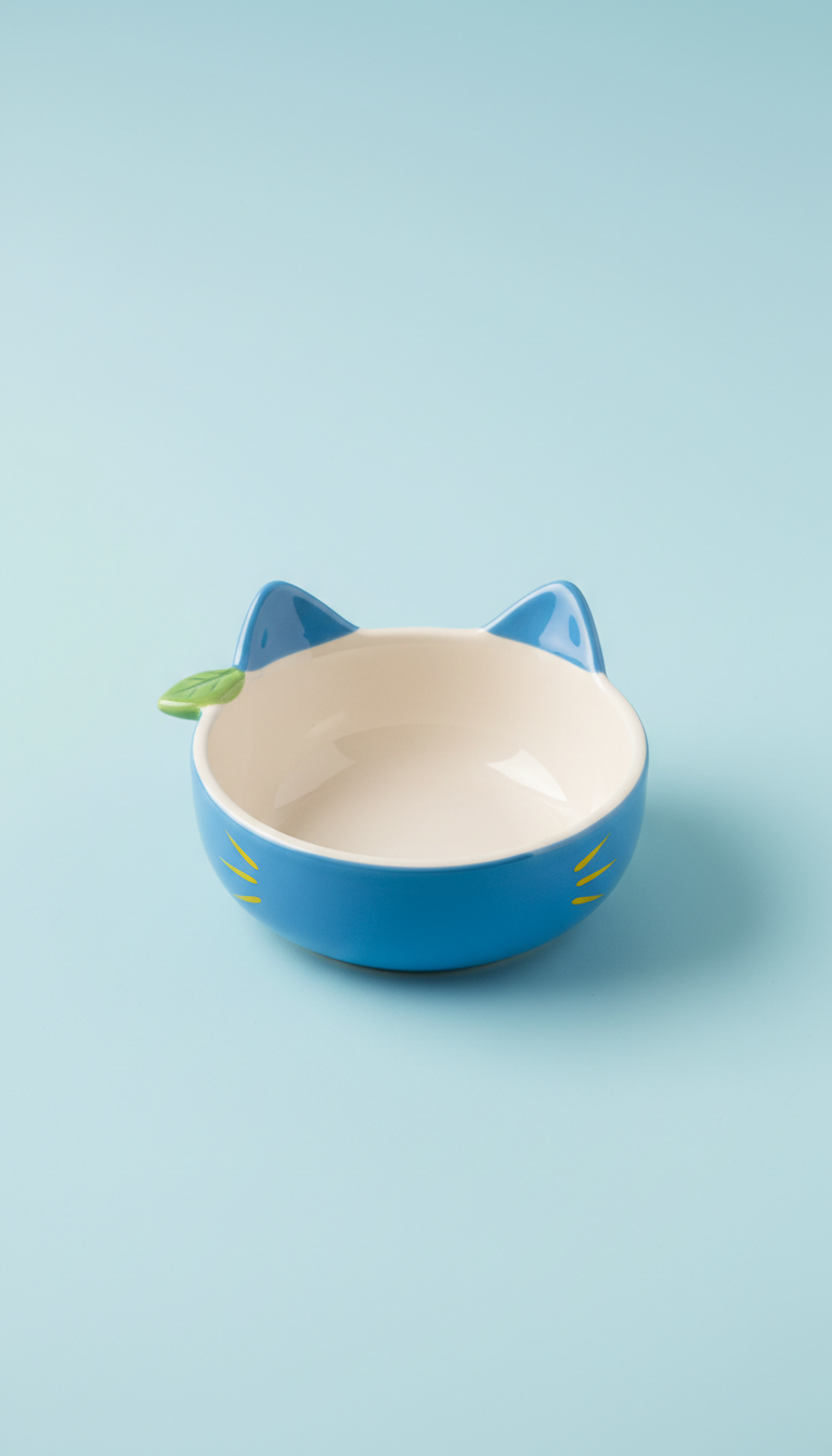 playful blue ceramic cat bowl